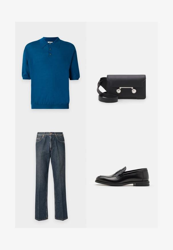 Kurzarm-Polohemd in tiefem Teal, aus weichem Stoff. Verfügt über einen Kragen, eine Drei-Knopf-Leiste und einen elastischen Saum für eine entspannte Passform.; Dunkelblaue, gerade Jeans aus Denim mit vorderem Knopf, Reißverschluss, doppelten vorderen Taschen und sichtbaren vertikalen Falten entlang der Beine.; Schwarze Lederloafers mit glatter Textur, rundem Zehenbereich und einem dekorativen Riemen über dem Vorderfuß. Niedriger, gestapelter Absatz, minimalistisches Design.; Schwarze Leder-Umhängetasche mit Klappenverschluss, silberfarbener Hardware und zwei runden Akzenten. Verfügt über einen abnehmbaren Schulterriemen. Glatte Textur.