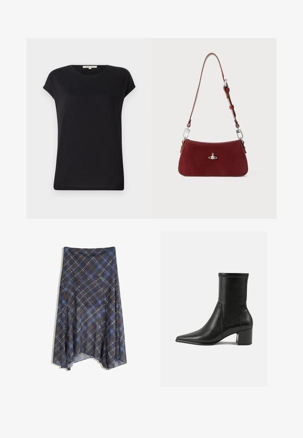 Črna majica s kratkimi rokavi iz mehkega materiala z okroglo ovratnico in sproščenim krojem. Ima zvite manšete in gladko, enotno teksturo.; Črna karirana krila z modrimi in rjavimi črtami, tekoče oblikovanje, srednje dolžine, izdelano iz lahkega materiala z gladko teksturo.; Črne gležnjarje iz gladkega usnja, z izostrenim nosom, blokastim peto in izrazitim povišanim šivom na zgornjem robu.; Rdeča semiš torba za rame s ukrivljeno obliko. Ima srebrno-tonski poudarjen detajl in nastavljiv trak z kovinskimi detajli. Gladka tekstura.