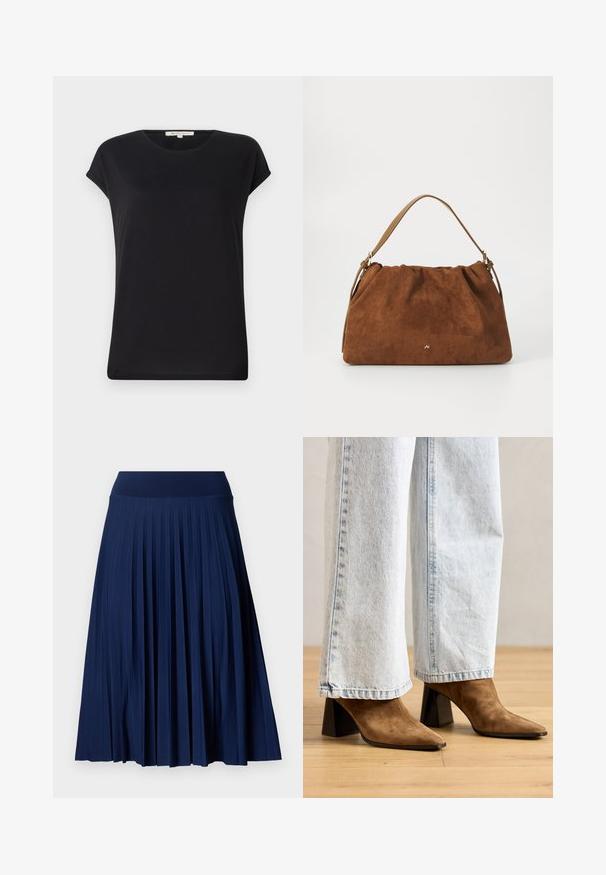 Zwart T-shirt met korte mouwen van zachte stof, met een ronde halslijn en een ontspannen pasvorm. Kenmerkt zich door opgerolde mouwuiteinden en een gladde, gelijkmatige textuur.; Marineblauwe geplooide rok met een brede tailleband, gemaakt van een gladde stof. Bevat verticale plooien en valt tot halverwege de kuit.; Bruine leren enkellaarsjes met een puntige neus, blokhak en een gladde textuur, gecombineerd met lichtblauwe wijd-pijpen jeans.; Bruine suède handtas met een geplooid ontwerp, voorzien van een enkele tan kleur leren schouderband en een subtiele gouden logo-detail aan de voorkant.