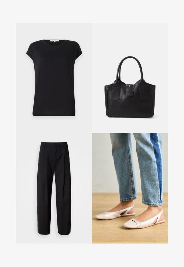 Top negru cu maneca scurtă dintr-un material moale, cu decolteu rotund și croială lejeră. Dispune de manșete răsucite și o textură uniformă și netedă.; Pantaloni negri cu o croială lejeră, față pliată și bucle pentru cingătoare. Material neted și picioare drepte, având buzunare laterale.; Sandalete plate de un roz pal cu vârf ascuțit, realizate dintr-un material asemănător pielii, neted. Prezintă detalii decupate pe laterale și un toc plat.; Geantă tote din piele neagră cu textură netedă, formă structurată, două mânere și un detaliu proeminent din aliaj de argint pe partea din față.