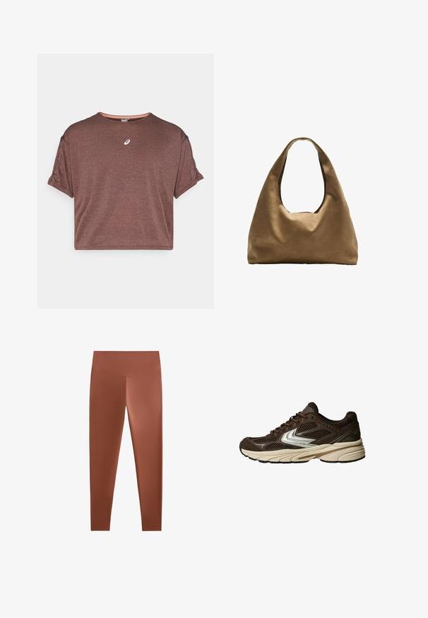 Brązowa koszulka z krótkim rękawem, wykonana z teksturowanej tkaniny, z okrągłym dekoltem i małym logo na piersi. Posiada podwinięte rękawy.; Brązowe legginsy sportowe o gładkiej teksturze, wysokim pasie i dopasowanym kroju. Brak widocznych wzorów czy detali z metalu.; Brązowy but sportowy z siateczkowymi panelami, białym akcentem, amortyzowaną gumową podeszwą oraz teksturowanym wierzchem z materiału zapewniającego wentylację.; Brązowa torba na ramię z szerokim, zaokrąglonym kształtem i dużym wyciętym uchwytem. Miękka tekstura, minimalistyczny design i brak widocznych elementów metalowych.