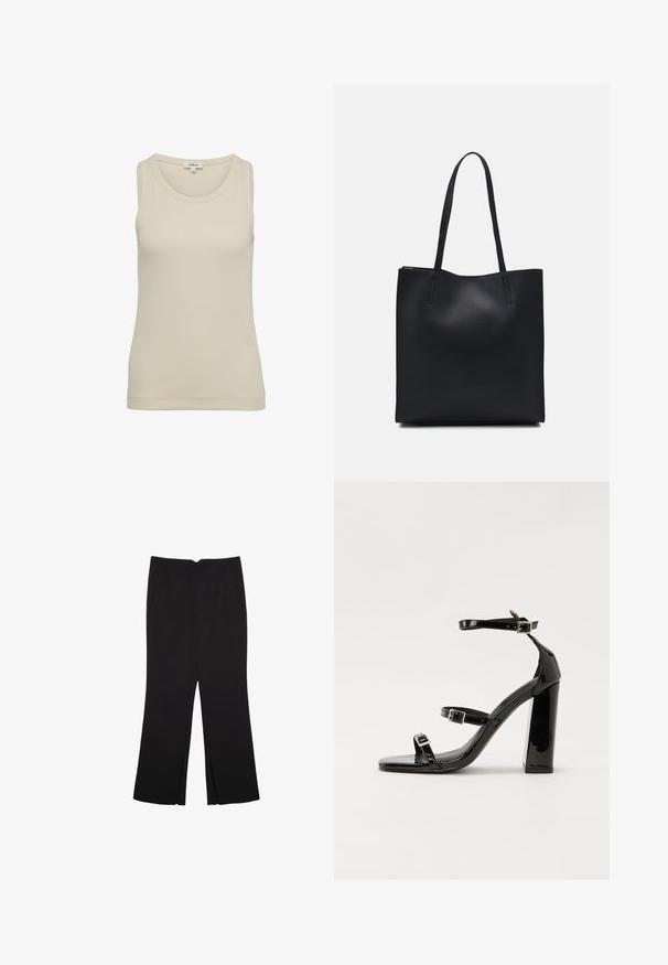 Helles beiges Tanktop mit rundem Halsausschnitt und breiten Trägern. Hergestellt aus geripptem Stoff, zeichnet es sich durch ein einfaches, nahtloses Design aus.; Schwarze Hose mit geradem Schnitt, ausgestattet mit Fronttaschen und Seitenschlitzen am Saum. Hergestellt aus weichem, glattem Stoff. Geeignet für verschiedene Anlässe.; Schwarze Lackleder-Sandalen mit hohen Absätzen, zwei Riemen mit Schnallen, quadratischer Zehenpartie und klobigem Blockabsatz, mit einer glatten, glänzenden Textur.; Schwarze Laptoptasche aus Leder mit glatter Textur, rechteckiger Form und zwei langen Griffen. Keine sichtbaren Beschläge oder Verzierungen.