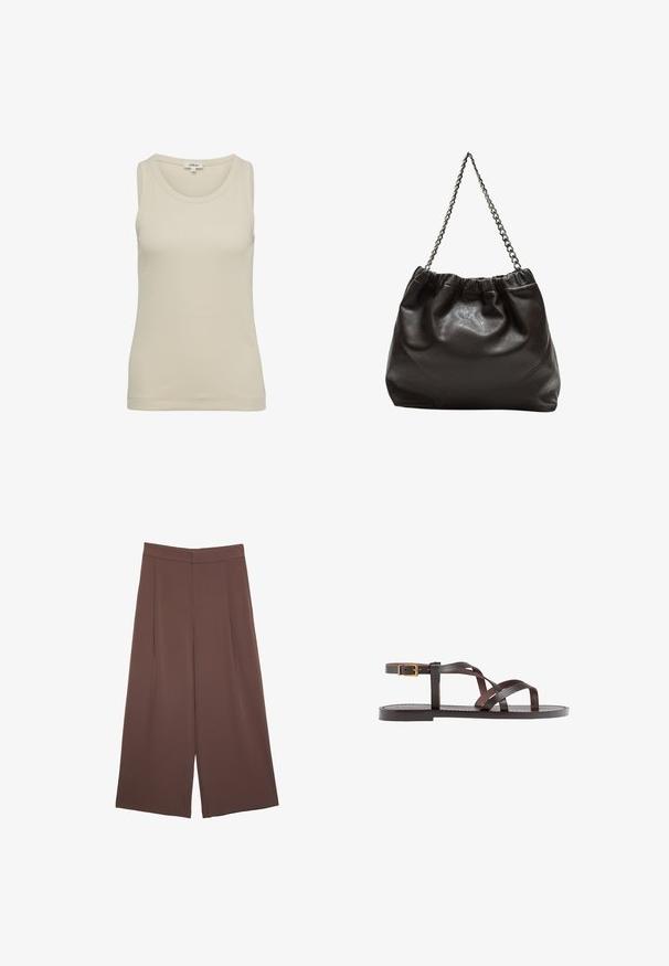 Top in cotone beige chiaro con scollatura rotonda e spalline larghe. Realizzato in tessuto a coste, presenta un design semplice e senza cuciture.; Pantaloni ampi marroni con una texture liscia, caratterizzati da una vita alta e pieghe frontali. Il tessuto è leggero e scorre liberamente.; Sandal in pelle marrone con cinturini incrociati, chiusura con cinturino alla caviglia e suola piatta con dettagli di cucitura minimi.; Borsa in pelle marrone con parte superiore arricciata e tracolla a catena. Texture liscia con finitura lucida e dettagli di cucitura sottili sui lati.
