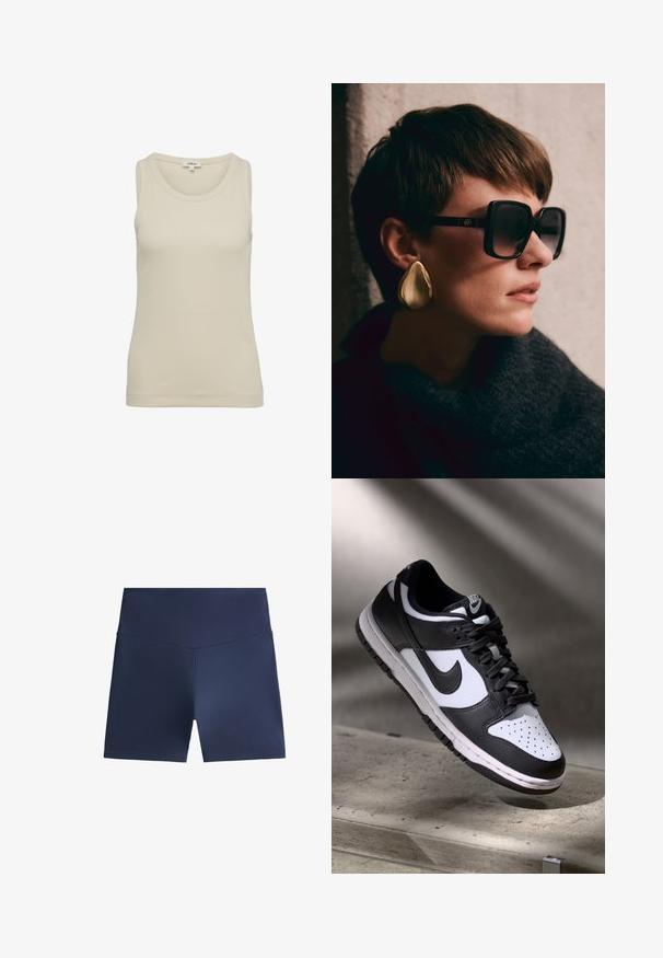 Helles beiges Tanktop mit rundem Halsausschnitt und breiten Trägern. Hergestellt aus geripptem Stoff, zeichnet es sich durch ein einfaches, nahtloses Design aus.; Marineblaue Sportshorts aus glattem, leichtem Material. Enganliegendes Design mit hohem Bund. Keine sichtbaren Muster oder Hardware.; Schwarz-weißer Nike Dunk Low Sneaker mit Lederobermaterial, perforiertem Zehenbereich und schwarzen Schnürsenkeln, ausgestattet mit einer weißen Sohle und Logo-Akzenten.; Schwarze, übergroße Sonnenbrille mit dunklen Gläsern und goldenen Details, kombiniert mit einem großen, glänzenden goldenen Tropfenohrring. Dunkler, strukturierter Schal.