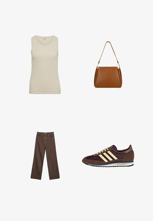 Helles beiges Tanktop mit rundem Halsausschnitt und breiten Trägern. Hergestellt aus geripptem Stoff, zeichnet es sich durch ein einfaches, nahtloses Design aus.; Weite braune Jeans aus Denim, mit hoher Taille, Fronttaschen und klassischem Knopfverschluss. Glatte Textur mit feinen Nähten.; Braune und burgunderfarbene Sneaker aus Wildleder und Mesh-Materialien, mit drei cremefarbenen Streifen, strukturiertem Stoff an der Zunge und einer Gummisohle.; Braune Ledertasche mit strukturierter Oberfläche, einem einzelnen Schulterriemen und einem dezenten Logo auf der Vorderseite. Verfügt über ein strukturiertes Design.