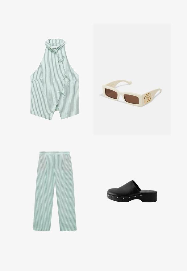 Vesta fără mâneci, de culoare verde deschis, cu dungi verticale bleumarin, guler mandarin și trei cravate în față. Material moale cu o textură fină.; Pantaloni largi de culoare verde deschis, cu dungi verticale închise, talie elastică și textură netedă. Fără buzunare sau alte embellishments.; Clog din piele neagră cu platformă înălțată, vârf rotund și accente decorative din bilă argintie pe lateral. Textură netedă și design minimalist.; Ochelari de soare dreptunghiulari albi cu lentile maro. Au un logo GG auriu proeminent pe lateral. Fabricati dintr-un material plastic structurat.