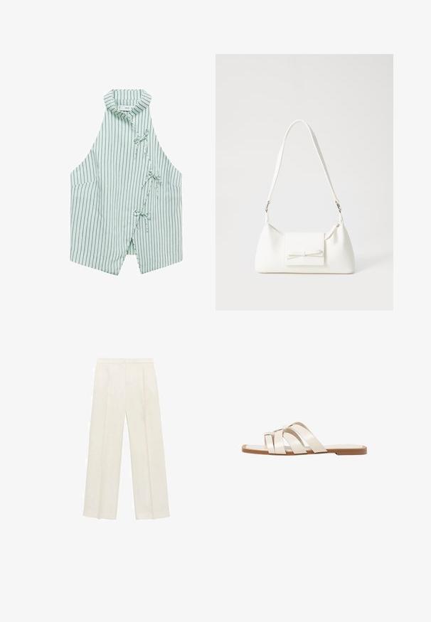 Canottiera senza maniche verde chiaro con righe verticali navy, colletto alla cinese e tre lacci davanti. Tessuto morbido con una trama liscia.; Pantaloni a gamba larga di un leggero colore crema. Realizzati in un tessuto morbido con pieghe sul davanti e tasche laterali.; Infradito con suola in gomma color talpa, progettate con tre cinturini in pelle bianca sovrapposti e un piccolo dettaglio a fiocco al centro.; Borsa sintetica bianca a forma triangolare, con patta anteriore piatta e dettaglio a fiocco, tracolla regolabile, texture liscia e design minimalista.