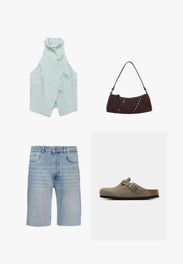 Vaaleanvihreä hihaton liivi, jossa on tummansiniset pystyrivit, mandariinikaulus ja kolme solmua edessä. Pehmeä kangas, jolla on sileä rakenne.; Farkkushortsit vaaleansinisessä sävyssä, joissa on klassinen viisi-taskuinen muotoilu, nappikiinnitys, suora leikkaus ja hienovarainen haalistuminen kankaassa.; Korkkipohjaiset mokkanahkaiset klossit vaaleassa oliivinvihreässä. Varustettu metallisoljella ja pyöristetyllä varpaalla.; Ruskea synteettisestä nahasta valmistettu käsilaukku, jossa on kaareva muoto, vetoketjukiinnitys ja koristeellisia hopeanvärisiä niittejä yhden sivun varrella. Varustettu lyhyellä olkahihnalla.