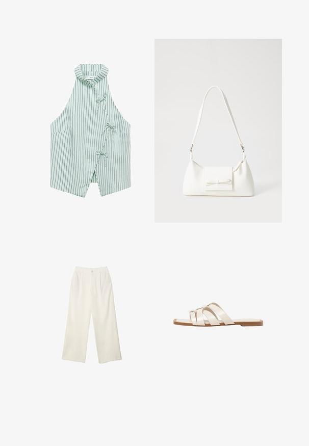 Hellgrüne ärmellose Weste mit senkrechten navy Streifen, einem Mandarin-Kragen und drei Bindebändern auf der Vorderseite. Weicher Stoff mit glatter Textur.; Helle Stoffhose mit weitem Bein und glatter Textur, ausgestattet mit einem einzelnen Knopf vorne, dezenten Falten und einem Hochbund-Design.; Flache Sandalen mit einer honigfarbenen Gummisohle, gestaltet mit drei überlappenden weißen Lederriemen und einem kleinen Schleifendetail in der Mitte.; Weiße synthetische Handtasche in dreieckiger Form, flache Vorderklappe und Schleifendetail, verstellbarer Trageriemen, glatte Textur und minimalistisches Design.