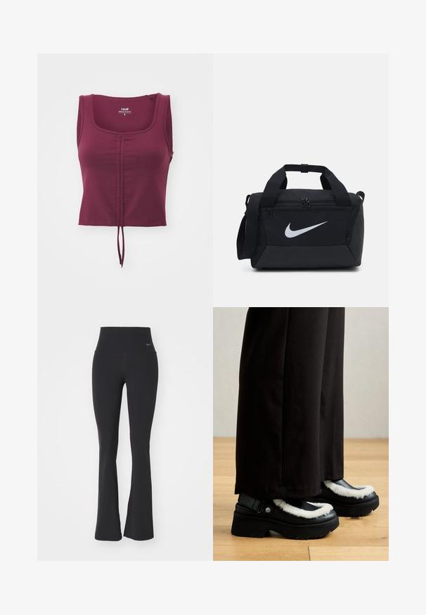 Casall CREASE SLEEVELESS CROP - Felső - evening red; Fekete jóga nadrág magas derékkal, rugalmas anyagból készült. A nadrág jellegzetes harang alakú szabással rendelkezik, és a derékrészen egy kis Nike logó található.; Fekete platform cipők fehér bolyhos díszítéssel, lekerekített orral és fém gombbal ellátott pánttal. Fekete nadrággal viselve egy fa padlón.; Fekete vászon sporttáska sima anyagból, dupla cipzáras rekeszekkel, párnázott füllel és nagy fehér Nike logóval az elején.