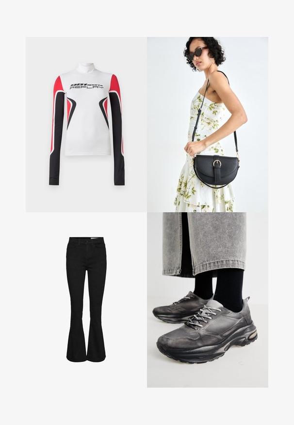 Weißes Langarm-Sportoberteil mit roten und schwarzen geometrischen Mustern sowie dem Schriftzug "981 sports REPLAY" auf der Vorderseite, mit einem hohen Kragen.; Schwarze High-Waist-Jeans mit ausgestellten Beinen, vorderem Knopf- und Reißverschluss, zwei vorderen Taschen und Gürtelschlaufen.; Schwarze und graue Sportschuhe verfügen über ein Obermaterial aus Mesh, dicke Sohlen und Schnürsenkel. Sie haben eine abgerundete Zehenpartie und sichtbare Dämpfungsdetails.; Schwarze Lederhandtasche mit geschwungener Form, abnehmbarem Tragegurt und goldenen Beschlägen. Die Tasche verfügt über einen Deckel mit einer Schnallen-Details.