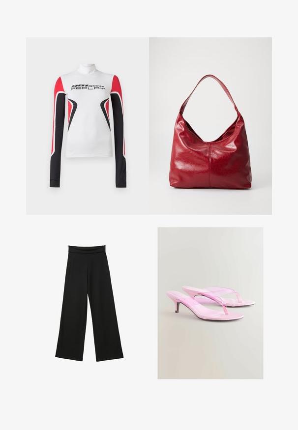 Weißes Langarm-Sportoberteil mit roten und schwarzen geometrischen Mustern sowie dem Schriftzug "981 sports REPLAY" auf der Vorderseite, mit einem hohen Kragen.; Schwarze weite Hosen aus weichem Stoff, mit einem hohen, dehnbaren Bund, langen Beinen und ohne sichtbare Muster oder Akzente.; Rosa Absatzsandalen mit gläzendem Finish, die ein Zehensteg-Design und einen schmalen, metallischen Absatz aufweisen. Glatte Textur und minimalistischer Stil.; Rote Leder-Hobo-Tasche mit einer weichen, strukturierten Oberfläche, einem einzelnen Schulterriemen und einer runden, lässigen Form.; Silberne Armspange mit einem gewellten, strukturierten Design und offenen Enden. Die glatte, reflektierende Oberfläche hebt die einzigartige Formgebung hervor.