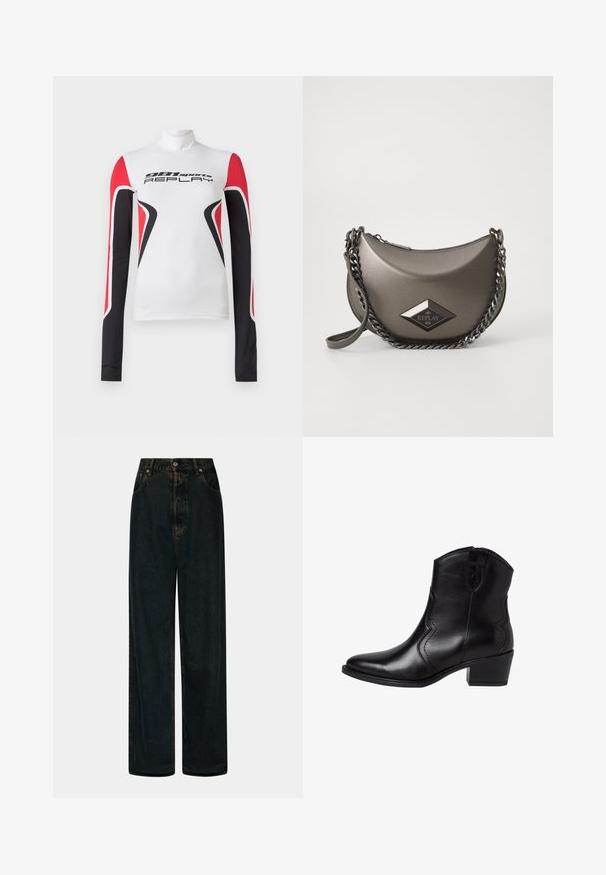 Witte sporttop met lange mouwen, voorzien van rode en zwarte geometrische patronen en de tekst "981 sports REPLAY" op de voorkant, met een hoge kraag.; Hoge taille, wijde pijpen, donkerblauwe denim jeans met een sluiting van voor knoop en rits, riemlussen en voorzakken.; Zwarte leren enkellaarsjes met een spitse neus, gebogen zijkanten en een lage blokhak. Voorzien van een ritssluiting en een gladde textuur.; Metallisch grijze schoudertas met een halvemaanvorm, voorzien van een kettingband en een diamanten logo op een patch. Gladde afwerking en ritsluiting.