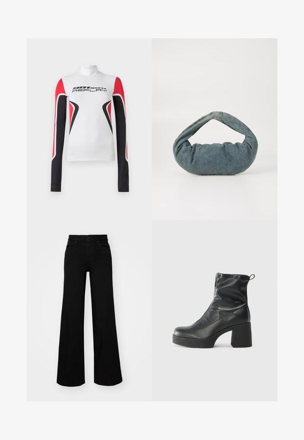 White long-sleeve sports top with red and black geometric patterns and "981 sports REPLAY" text on front, featuring a high collar.; Black wide-leg pants made of denim, featuring a structured waistband, belt loops, and front pockets. Smooth texture with a classic design.; Black ankle boots made of smooth leather, featuring a side zipper, chunky textured heel, and rounded toe design.; Blue denim bag with a padded, rounded shape and a curved handle. The texture is soft, featuring visible stitching and a smooth finish.
