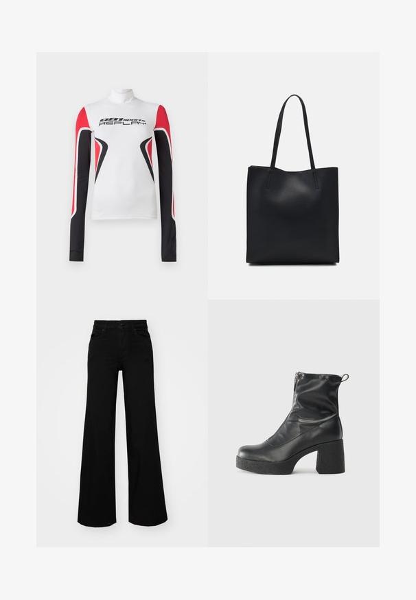 Bílý sportovní top s dlouhým rukávem, červenými a černými geometrickými vzory a textem "981 sports REPLAY" na přední straně, s vysokým límcem.; Černé široké kalhoty vyrobené z denimu, s pevným pasem, poutky na opasek a předními kapsami. Hladká textura s klasickým designem.; Černé kotníkové boty vyrobené z hladké kůže, s bočním zipem, robustním strukturovaným podpatkem a kulatou špičkou.; Černá kožená taška přes rameno s hladkým povrchem, obdélníkovým tvarem a dvěma dlouhými uchy. Žádné viditelné kování ani ozdoby.