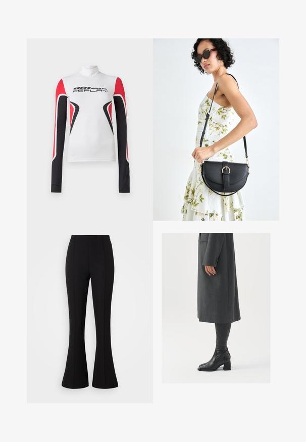 Biely športový top s dlhými rukávmi, červenými a čiernymi geometrickými vzormi, a nápisom "981 sports REPLAY" na prednej strane, s vysokým golierom.; Čierne zvonové nohavice vyrobené z elastického materiálu, s hladkou textúrou, vysokým pásom a švovými detailami vpredu.; Sivý, strihovo upravený kabát so rovnými líniami; doplnený o čierne kožené čižmy po kolená s štvorcovou špičkou a robustným podpätkom.; Čierna kožená kabelka s zaobleným tvarom, odnímateľným popruhom a zlatými doplnkami. Kabelka má klopu s detailom s prackou.