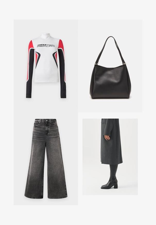 Baltas ilgo rankovės sportinis marškiniai su raudonais ir juodais geometriniais raštais bei tekstu "981 sportas REPLAY" priekyje, turintys aukštą apykaklę.; Plačios juodos džinsinės kelnės su blukinta danga, penkių kišenių dizainu ir mygtuko užsegimu juosmens srityje, su pasiūtais akcentais.; Pilkas pritaikytas paltas su tiesiu kirpimu; derinamas su juodais odiniais batais iki kelių, turinčiais kvadratinį pirštą ir storą kulną.; Juodas sintetinis odos rankinukas su minkšta tekstūra, hobo formos ir dviem petnešomis; turi blizgų paviršių ir minimalistinį dizainą.