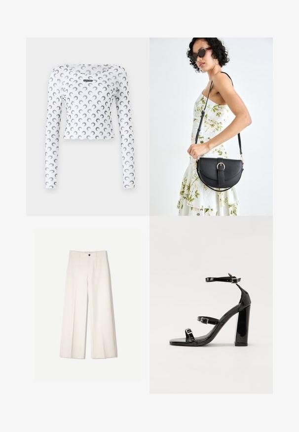 MARINE SERRE MOON PRINTED SECOND SKIN CROPPED - Hosszú ujjú felső - optical white; Tejbézs széles lábú nadrág, szabott kialakítással, két elülső zsebbel és egyetlen elülső gombos záródással, sima anyagból készült.; Fekete lakk magas sarkú szandál négyzet alakú orral, bokapántokkal és ezüst csatokat tartalmaz. Masszív blokk sarka a stabilitásért felel.; Fekete bőrtáska ívelt formával, levehető pánttal és arany színű fémrészekkel. A táskán egy csattal díszített fedél található.