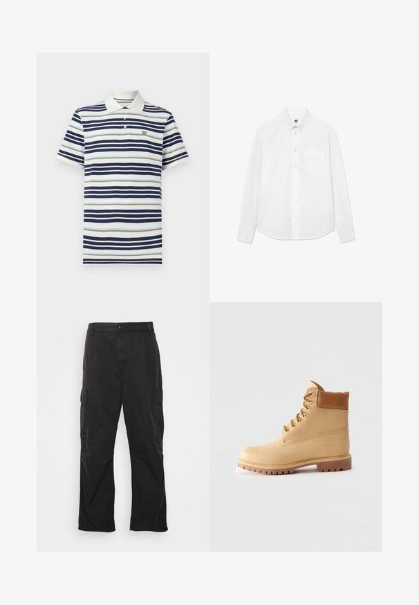 Jūras spēku, gaiši zils un bēšs svītrains polo krekls. Kokvilnas materiāls ar klasisku apkakli un trīs pogu slēgšanu. Mazs logos uz krūšu.; Balta garām piedurknēm pogājama krekla ar apkakli, priekšējo kabatu un smalku tekstūru. Priekšējā pogu plāksne satur pogas un nelielu logotipa detaļu.; Melni kargo bikses ar taisna kāju dizainu, kurām ir divas sānu kabatas, pogu aizdare un teksturēta auduma virsma.; Gai brūns ādas potītes zābaks ar mīkstu apkakli, zeltainiem caurumiņiem, bēšām auklām un biezām zoleņām uz vienkārša gaiša fona.