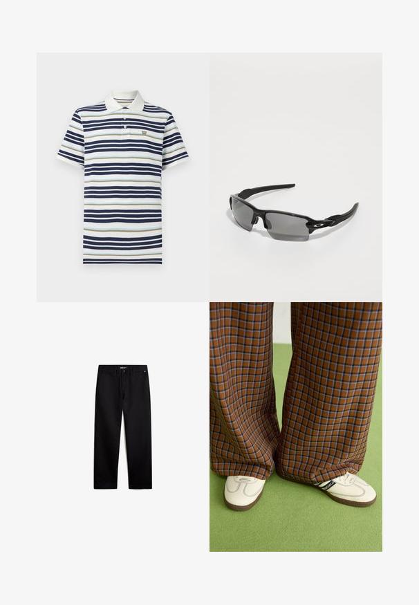 Polo tričko s pruhy v námořnické, světle modré a béžové barvě. Bavlněný materiál s klasickým límcem a zapínáním na tři knoflíčky. Malé logo na hrudi.; Černé bavlněné kalhoty rovného střihu se zipem vpředu a předními kapsami. Hladká textura, žádné viditelné vzory a minimální kovové prvky.; Hnědo-modré kostkované široké kalhoty doplněné bílými botami s černými akcenty a texturovanou podrážkou, umístěné na zeleném pozadí.; Černé sportovní sluneční brýle s šedými skly, zakřiveným rámem a detailním logem na boku. Vyrobené z lehkého plastového materiálu.
