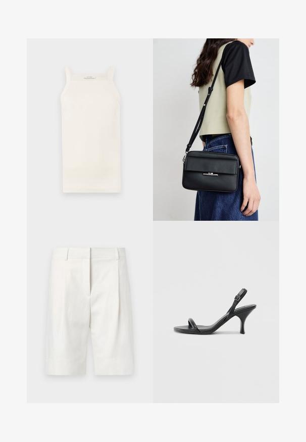 Krém színű bordázott ujjatlan felső vékony pántokkal, testre simuló fazonnal és egyenes aljjal. A címke szerint "IVY OAK." Anyaga lágy és rugalmasnak tűnik.; Világos színű, pamut anyagú szabott rövidnadrág, sima elülső résszel, pliszével és egyenes szabással. Sima textúra klasszikus befejezéssel.; Fekete bőrből készült, magassarkú szandál, vékony, ívelt sarokkal és keresztben átkötött pántokkal. Állítható bokapánt. Sima felület.; Calvin Klein LINEAR CAMERA BAG - Keresztpántos táska - black