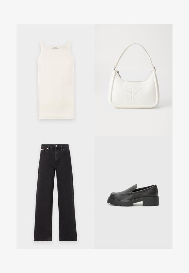 Krems krēmo ribota bezpiedurkņu topa ar plānām siksnām, pieguļoša dizaina un taisnu apakšmalu. Uz birkas ir rakstīts "IVY OAK". Materiāls izskatās mīksts un elastīgs.; Melni platmalu džinsi, kas izgatavoti no denima, ar augstu vidukli, piecu kabatu dizainu un metāla pogas aizdari ar kontrastējošu šuvumu.; Melnas ādas mokasīni ar noapaļotu purngalu, biezs teksturēts zoles un minimālas dūriena detaļas. Gluds dizains bez redzamām auklām vai metāla elementiem.; Balta ādas rokassoma ar noapaļotu formu, uz kuras priekšpuses ir izgriezts "CK" logo un viena plecu siksna. Augšā aizverama ar rāvējslēdzēju.