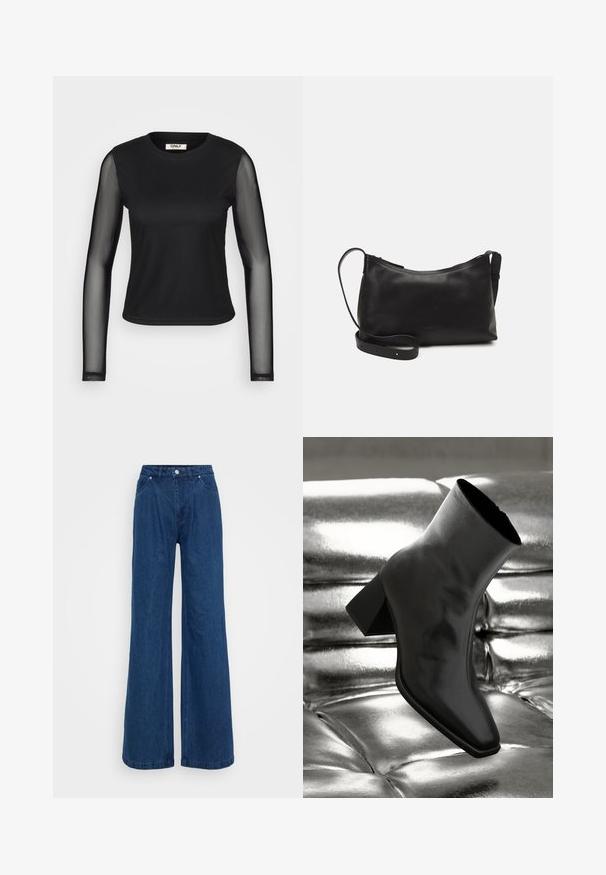 Mustaan pitkähihainen paita, jossa on kiinteä vartalo ja läpinäkyvät verkko hihat. Ominaisuuksiin kuuluu pyöreä kaula-aukko ja tiukka siluetti. Kankaan pinnasta näyttää olevan sileä ja joustava.; Laivansiniset leveälahkeiset farkut korkealla vyötäröllä, edessä napit ja vetoketju, sekä etu- ja takataskut tasaisella taustalla.; Musta nilkkuri, joka on valmistettu kiiltävästä materiaalista, jossa on neliömäinen kärki ja kapeahko kanta, asetettuna kiiltävän hopean tuftatun taustan eteen.; Musta nahkainen olkalaukku, jossa on sileä pinta, kaareva muoto, säädettävä hihna ja vetoketjukiinnitys. Minimalistinen muotoilu ilman koristeita.