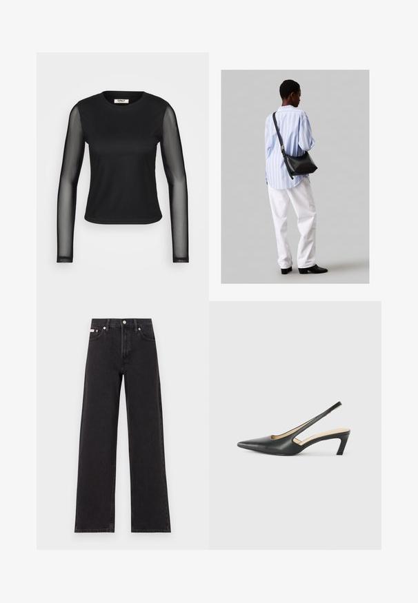 Fekete, hosszú ujjú felső, egyszínű testtel és áttetsző hálós ujjakkal. Kerek nyakkivágása és testhez simuló szabása van. Az anyag simának és rugalmasnak tűnik.; Fekete, bőszárú farmernadrág, magas derekú, öt zsebes kialakítással és fém gombos záródással, kontrasztos varrással.; Fekete, hegyes orrú, slingback cipő alacsony sarkával, sima bőrből készült, oldalt kivágott deisgnal a légáteresztőképesség érdekében.; Fekete bőr válltáska puha tapintással, háromszög alakú, állítható pánttal, világoskék csíkos inggel és fehér nadrággal párosítva.