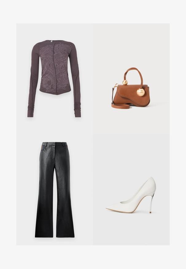 Langarmshirt aus dunkellila Stoff mit einem tonalen Drachenmotiv, schmaler Schnitt, runder Ausschnitt und gerafften Ärmelbündchen.; Schwarze, ausgestellte Lederhosen mit glatter Textur, die zwei Vordertaschen mit schwarzen und braunen Akzenten in der Taille aufweisen.; Weißer High-Heel-Pumps mit spitzem Zehenbereich, bedeckt mit einer feinen Glitter-Oberfläche. Akzentuierter silberner Metallic-Absatz sorgt für Kontrast. Elegantes Design.; Braune Lederhandtasche mit wellenförmigem Design, ausgestattet mit zwei kreisförmigen goldenen Akzenten und einem abnehmbaren Schulterriemen für vielseitigen Tragekomfort.