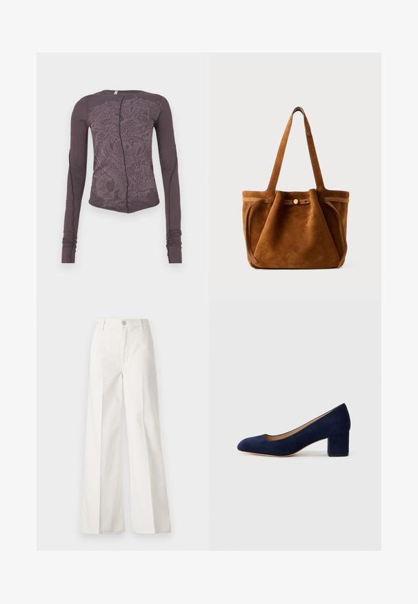 Tumedast lillast kangast pikaga varrukaga t-särk, millel on tooniühtlane draakoni graafika, kitsas lõige, ümmargune kaelus ja r gathered varrukate mansetid.; Valged laiade jalgadega püksid, mis on valmistatud siledast puuvillast. Omab esitallist ning lukuga sulgemist ja nelja tasku disaini.; Tumesinise sametist kõrge kontsaga king, millel on terav nina ja keskmise kõrgusega plokk-konts. Sile tekstuur kerge sädelusega ja ees väike lõige.; Pruun nahast kott kahe käepidamega, nuppude sulgemise rihmaga ja lõdva, veidi langetatud kujuga.