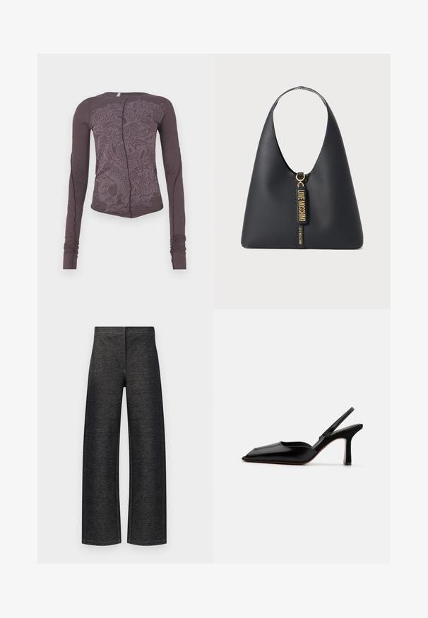 Ilgų rankovių marškiniai tamsiai purpurinės spalvos audinyje, su toniniu drakono grafiką, siauru siluetu, apvalia apykakle ir surinktomis rankovių manžetėmis.; Plačios kojų kelnės juodos džinsinės medžiagos. Pasirinkta tekstūruota apdaila su tvarkinga liemeniu ir be matomų priedų ar kišenių.; Juodas odinis slingback kulnas su smailiu nosiu, minimalizmo stilius, plonas kulkšnies dirželis ir elegantiškas stiletto kulnas. Lygus paviršius.; Juodas odinis petinis krepšys su plačiu dirželiu, auksinėmis detalėmis ir dviem kabančiomis etiketėmis, ant kurių išraižytomis auksinėmis raidėmis užrašyta "LOVE MOSCHINO".