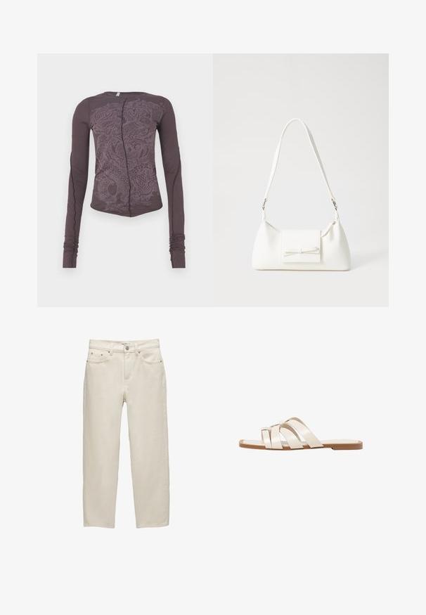 Langarmshirt aus dunkellila Stoff mit einem tonalen Drachenmotiv, schmaler Schnitt, runder Ausschnitt und gerafften Ärmelbündchen.; Weiße Jeans mit entspannter Passform, geradem Bein, fünf Taschen-Design und metallischen Hardware-Details mit subtiler Textur.; Flache Sandalen mit einer honigfarbenen Gummisohle, gestaltet mit drei überlappenden weißen Lederriemen und einem kleinen Schleifendetail in der Mitte.; Weiße synthetische Handtasche in dreieckiger Form, flache Vorderklappe und Schleifendetail, verstellbarer Trageriemen, glatte Textur und minimalistisches Design.