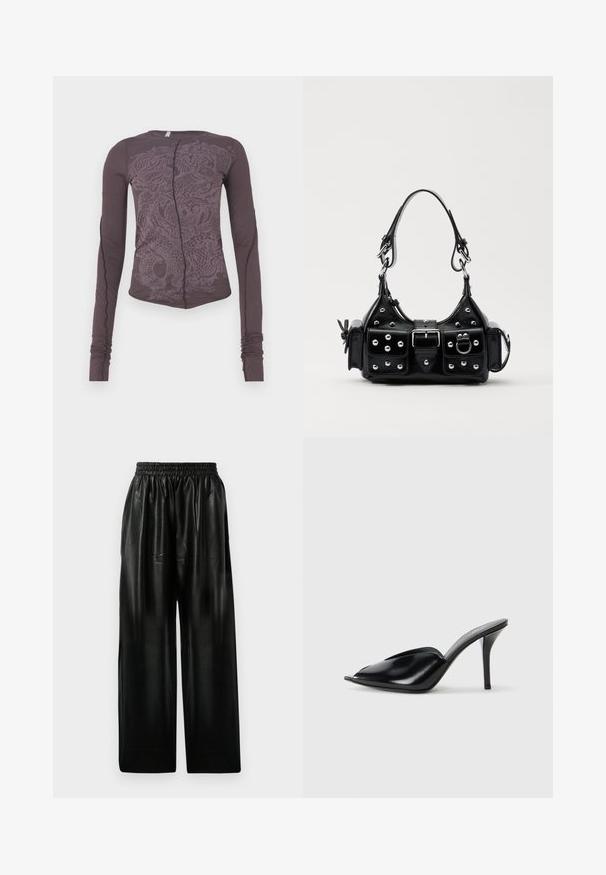 Ilgų rankovių marškiniai tamsiai purpurinės spalvos audinyje, su toniniu drakono grafiką, siauru siluetu, apvalia apykakle ir surinktomis rankovių manžetėmis.; Juodos odinės plačios kelnės su elastinga juosmeniu, turinčios dvi šonines kišenes ir lygią, blizgią tekstūrą.; Juodos odinės aukštakulnės mules su atvira pirštine, smailiu dizainu, lygiu paviršiumi ir plonu stiletto kulnu.; Juodas odinis rankinukas su kreiviu dizainu, su sidabro spalvos knopkėmis, užsegimu ir dviem šoninėmis kišenėmis. Reguliuojama dirželis nešimui.