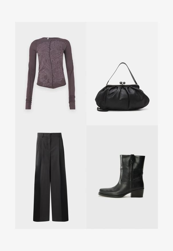 Langarmshirt aus dunkellila Stoff mit einem tonalen Drachenmotiv, schmaler Schnitt, runder Ausschnitt und gerafften Ärmelbündchen.; Schwarze, weit geschnittene Hose mit hoher Taille, versehen mit Frontfalten, einer glatten Textur und einem maßgeschneiderten Finish. Entworfen für eine lockere Passform.; Schwarze Leder-Ankle Boots mit runder Zehenform, Blockabsatz, seitlichem Reißverschluss und gestickten Akzenten auf dem Blatt. Glatte Textur, klassisches Design.; Schwarze Lederhandtasche mit einer runden, gefalteten Form. Verfügt über einen metallischen Verschluss mit zwei dekorativen Kugeln und einem schmalen, abnehmbaren Tragegurt.