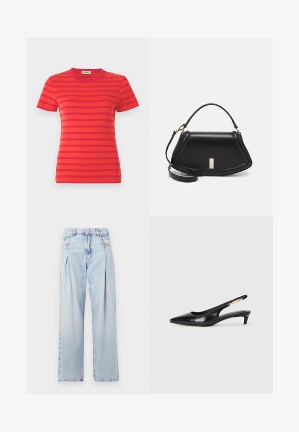 Camiseta de rayas rojas con líneas horizontales en un rojo más oscuro, cuello redondo y mangas cortas, con un diseño ajustado.; Jeans de mezclilla azul claros con cintura alta, corte de pierna ancha, dos bolsillos laterales y un diseño plisado. Textura suave con un acabado deslavado.; Tacones negros de piel sintética tipo slingback con punta afilada, que cuentan con un tacón delgado y un detalle en tono dorado en la correa ajustable. Textura suave.; Bolso de mano de cuero negro con un diseño estructurado, que presenta una forma recortada, asa superior y acentos en dorado. Correa de hombro ajustable incluida.
