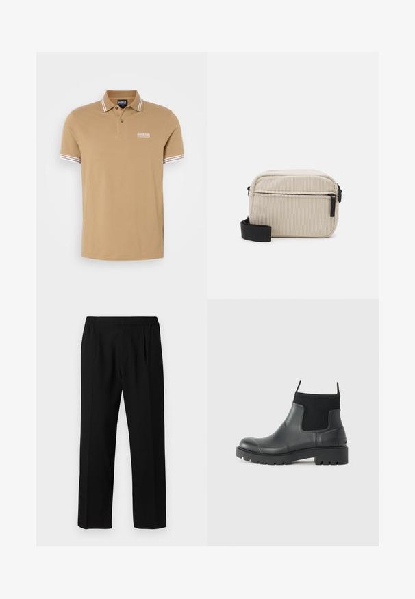 Beige Poloshirt aus weichem Baumwollstoff, mit einer Knopfleiste mit drei Knöpfen, kurzen Ärmeln mit weißen Streifen und einem kleinen Logo auf der Brust.; Schwarze Hose aus einem glatten Stoff, mit einem elastischen Bund, geradem Bein und zwei Frontfalten für zusätzlichen Detail.; Schwarze Knöchelstiefel aus Gummi mit matter Oberfläche, die ein schlankes Design, elastische Einsätze und eine robuste Sohle für bessere Bodenhaftung bieten.; Cremfarbener Corduroy-Crossbody-Beutel mit einem schwarzen Reißverschluss, abnehmbarem Tragegurt und strukturiertem Muster. Verfügt über ein Hauptfach und eine Fronttasche.