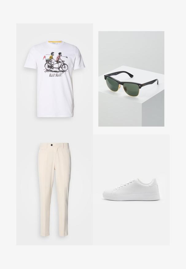 Tricou alb din bumbac, cu o ilustrație în negru și culori ce prezintă doi cicliști pe o bicicletă tandem, cu textul "Allez! Allez!" dedesubt.; Pantaloni bej ajustați cu față plată, închidere cu un singur buton și două buzunare laterale înclinate. Material neted, cu o croială slim și picior tapered.; Adidași albi cu un superior sintetic neted, bot rotund, șase eyeleti pentru șireturi și o talpă din cauciuc de profil jos cu detalii texturate.; Ochelari de soare Ray-Ban cu lentile verzi, rame din plastic negru și accente aurii pe margini. Formă pătrată cu un finisaj mat.