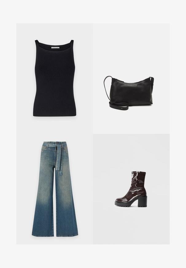 Abercrombie & Fitch SQUARENECK OTTOMAN TANK - Top - black beauty; Pantaloni in denim a gamba larga con una sfumatura che va dal blu chiaro al blu scuro, vita alta, passanti per cintura e una cintura in tessuto coordinato. Finitura in denim strutturato.; Stivale alla caviglia bordeaux lucido con un tacco spesso nero, caratterizzato da una superficie liscia e un design semplice. Nessuna chiusura visibile o motivo.; Borsa a spalla in pelle nera con una texture liscia, forma curva, tracolla regolabile e chiusura con zip. Design minimalista senza ornamenti.