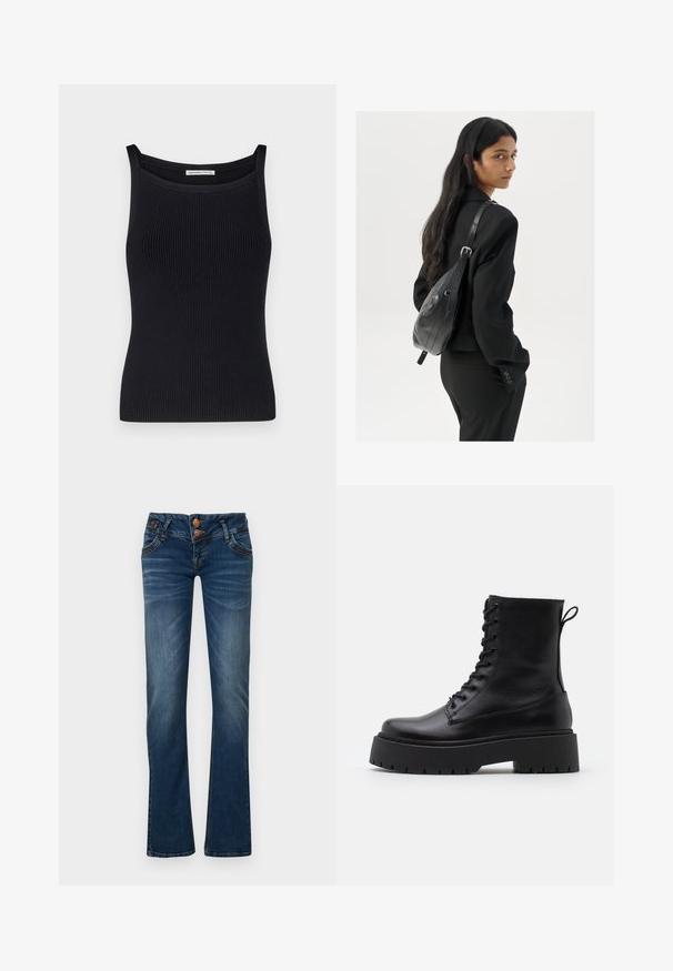 Abercrombie & Fitch SQUARENECK OTTOMAN TANK - Top - black beauty; Dark blue bootcut jeans with two front buttons, five pockets, and subtle fading on thighs and knees.; Black leather ankle boots with a round toe, lace-up front, and a thick rubber sole featuring a textured tread. Pull tab at the back.; Woman with long dark hair wearing a black suit, carrying a black leather shoulder bag, looking over her shoulder against a white background.; Silver hoop earrings with a twisted design, featuring a polished finish and post-back closure. Measure approximately 3 cm in diameter.
