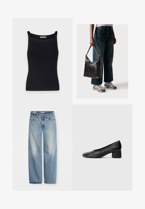 Abercrombie & Fitch SQUARENECK OTTOMAN TANK - Μπλούζα - black beauty; Ανοιχτό μπλε τζιν παντελόνι σε φαρδιά γραμμή από denim. Διαθέτει κουμπί και φερμουάρ, πέντε τσέπες και φθαρμένη εμφάνιση με ελαφρώς frayed τελείωμα.; Μαύρη δερμάτινη γόβα με στρογγυλή μύτη και μεσαίο φαρδύ τακούνι. Λείο υλικό με ελάχιστες λεπτομέρειες, διαθέτει διακριτική ελαστική είσοδο.; Μαύρη δερμάτινη τσάντα ώμου με μαλακή υφή και ρυθμιζόμενο λουρί, συνδυασμένη με ξεθωριασμένα φαρδιά τζιν και αθλητικά sneakers.
