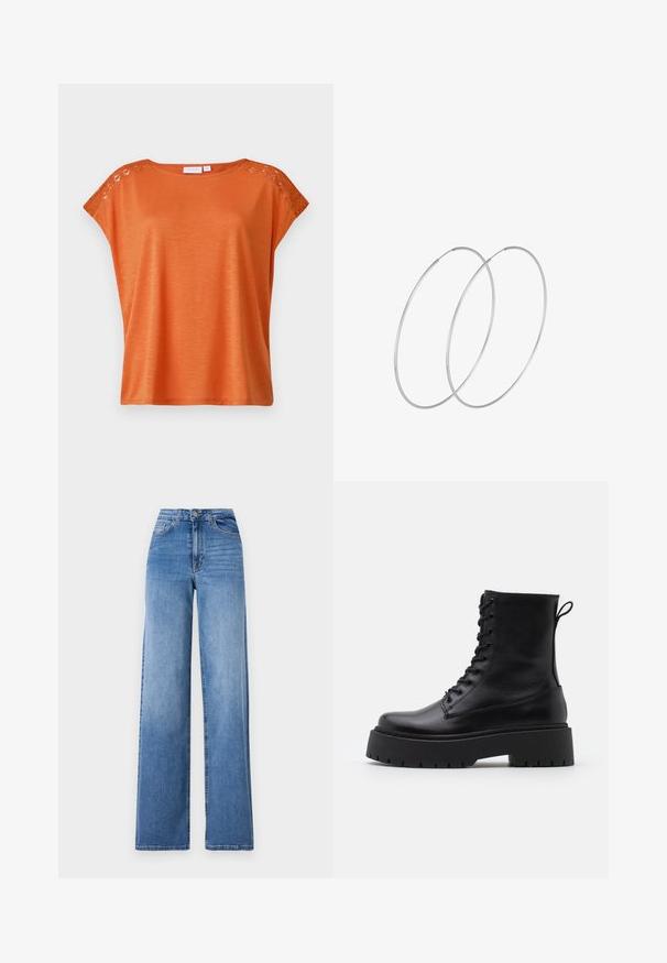 Oranžinė trumpomis rankovėmis viršutė, pagaminta iš lengvos medžiagos. Yra dekoratyvinė nėrinio detalė ant peties. Atsipalaidavęs siluetas ir lygus paviršius.; Šviesiai mėlynos plačių kojų džinsai, pagaminti iš džinsinio audinio, su aukštu liemeniu, priekinėmis kišenėmis ir standartiniu mygtuko uždarymu. Lygus paviršius.; Juodos odinės aulinukės su apvalia nosimi, raišteliais priekyje ir storesniu guminio pado apačioje su tekstūruotu raštu. Priekyje yra kilputė.; Sidabrinės pusmėnulio auskarai minimalistiniu dizainu. Apskritimo forma, lygus paviršius ir plonas profilis. Lengvi su poliruotu apdailu.