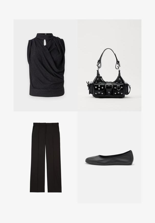 Sort ærmeløs top med høj krave, draperet design og detaljeret nøglehul foran. Lavet af blødt stof med en subtil glimmer-effekt.; Sorte skræddersyede bukser lavet af et glat stof, med et lige ben-design og to sidelommer. Elegant og minimalistisk konstruktion.; Sort læderballetsko med rund tå, glat tekstur, minimal syning og et fleksibelt såldesign.; Sort læderhåndtaske med et buet design, prydet med sølvfarvede nitter, en spænde og to sidelommer. Justerbar rem til forskellige bære muligheder.