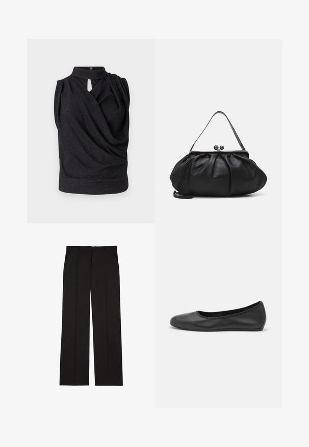 Schwarzes ärmelloses Oberteil mit hohem Kragen, drapiertem Design und einem Schlüsselloch-Frontdetail. Hergestellt aus weichem Material mit einem subtilen Schimmereffekt.; Schwarze, maßgeschneiderte Hosen aus einem glatten Stoff, mit geradem Bein und zwei Seitentaschen. Elegante und minimalistische Konstruktion.; Schwarze Leder-Ballettschuhe mit abgerundeter Spitze, glatter Textur, minimalen Nähdetails und einem flexiblen Sohlen-Design.; Schwarze Lederhandtasche mit einer runden, gefalteten Form. Verfügt über einen metallischen Verschluss mit zwei dekorativen Kugeln und einem schmalen, abnehmbaren Tragegurt.