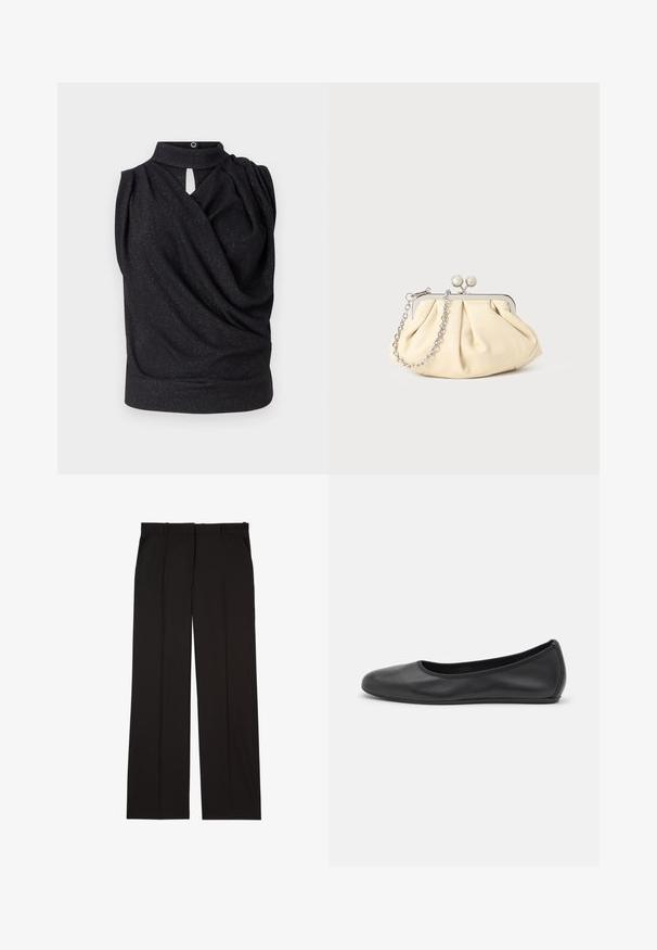 Top negru fără mâneci, cu guler înalt, design drapat și detaliu cu ghimpe în față. Fabricat dintr-un material moale cu un efect subtil de strălucire.; Pantaloni negri, croiți, confecționați dintr-un material neted, cu un design drept și două buzunare laterale. Construcție elegantă și minimalistă.; Balerini din piele neagră, cu vârf rotund, textură netedă, detalii de cusătură minimale și un design al tălpii flexibil.; Clutch din piele plisată bej, cu un cadru din metal argintiu, având două închideri decorative rotunde și o curea din lanț argintiu.