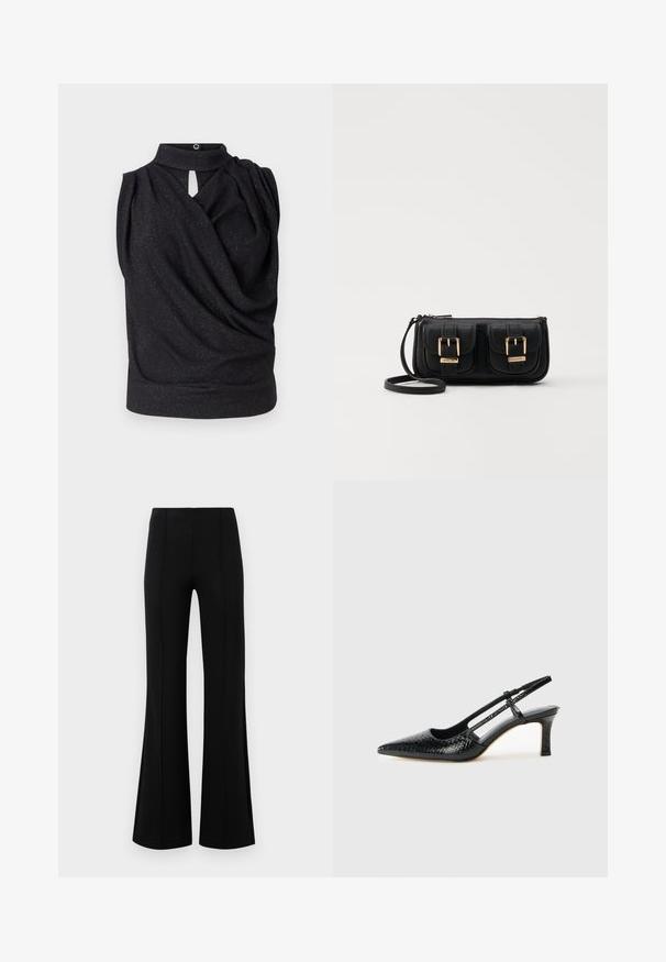 Juodas be rankovių topas su aukštu coloriu, drapiruotu dizainu ir rakto skylutės priekine detale. Pagamintas iš švelnios medžiagos su subtiliu spindesio efektu.; Juodos plačios kelnės su aukštu liemeniu, pagamintos iš tamprios medžiagos. Priekinėje dalyje yra vertikalūs siūlų akcentai ir lygus paviršius.; Juodai lakuoti slingback aukštakulniai su smailiu nosiu, su tekstūruotu gyvatės raštu, reguliuojama juosta ir trumpu, tekstūruotu blokiniu kulnu.; Juodas odinis per petį nešiojamas krepšys su dviem priekiniais kišenėmis, auksiniais sagtimis, užtrauktuko uždarymu ir siauromis petnešomis. Textūruota paviršius ir kompaktiškas stačiakampis formatas.