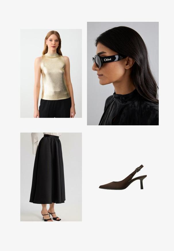 Gold metallic sleeveless top featuring a high neckline, smooth texture, and a fitted design, paired with black pants for contrast.; Black maxi skirt made of smooth fabric, featuring a gathered waistband and flowing design, paired with black strappy heels.; Brown suede slingback pump with a pointed toe, sleek design, thin heel, and a buckle accent on the ankle strap.; Black sunglasses with round lenses and bold, angular frames featuring the brand "Chloé" in white on the side. Smooth, glossy finish.; Gold-tone rectangular wristwatch with a white dial, silver-tone hour markers, and a durable metal link bracelet. Water-resistant feature included.