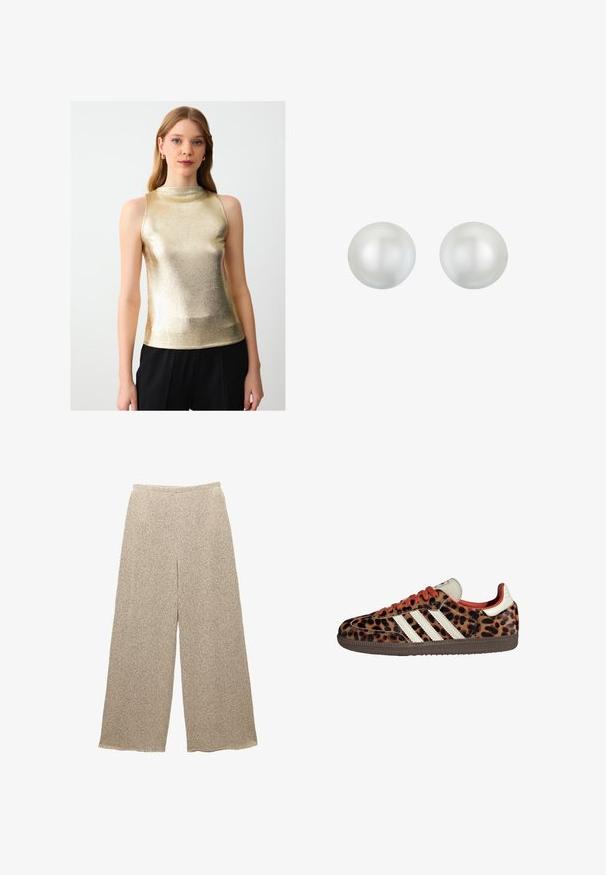 Goldfarbener, ärmelloser Oberteil mit einem hohen Kragen, glatter Textur und figurbetontem Design, kombiniert mit schwarzen Hosen für den Kontrast.; Beige Palazzo-Hosen aus strukturiertem Stoff mit einem dezenten Muster. Sie verfügen über einen entspannten Bund und eine lockere Passform, die Komfort und Bequemlichkeit bietet.; Sneaker im Leopardenmuster aus Wildleder mit roten Schnürsenkeln und drei weißen Streifen an der Seite. Sie haben eine cremefarbene Zunge und eine braune Sohle.; Runde, weiße Perlenohrringe mit einer glatten, glänzenden Oberfläche. Jede Perle weist einen subtilen Schimmer und eine einheitliche Form auf, die sich ideal für formelle Anlässe eignet.