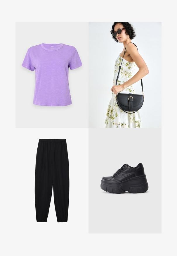 Rövid ujjú póló világos levendula színben, puha anyagból készült; kereknyakú, lazán ülő szabású, finom textúrával.; Fekete, könnyű nadrág elasztikus derékkal és ráncolt bokákkal. Az anyag sima és laza, szűkített dizájnnal rendelkezik.; Fekete fűzős sportcipők vastag talppal, sima bőrből készült felső résszel, kerek orral és jellegzetes, réteges platform dizájnnal.; Fekete bőrtáska ívelt formával, levehető pánttal és arany színű fémrészekkel. A táskán egy csattal díszített fedél található.