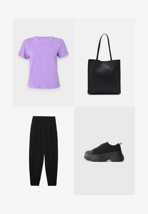 Lyhythihainen t-paita vaaleanlila, pehmeää kangasta; siinä on pyöreä kaula-aukko ja rento istuvuus, jossa on hieno tekstuuri.; Mustat, kevyet housut, joissa on joustava vyötärö ja kerätyt nilkat. Kangas on sileä ja siinä on rento, kapeneva muotoilu.; Mustat urheilukengät, joissa on paksu kumipohja, teksturoitu kangasvarsi, pyöreä kärki ja nauhalukitus. Varusteena vahvistetut nauhareiät ja takana vetotanko.; Mustapahkainen kangaskassi, jossa on sileä pinta, suorakaiteen muotoinen ja kaksi pitkää kahvaa. Ei näkyvää metalliosaa tai koristeita.