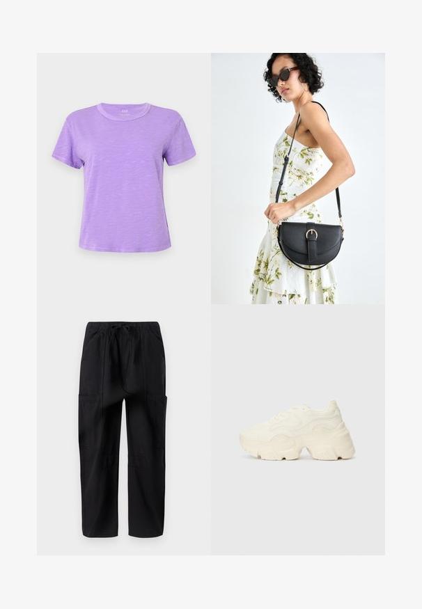 Kurzarm-T-Shirt in hellem Lavendel, aus weichem Stoff; hat einen Rundhalsausschnitt und eine lockere Passform mit subtiler Textur.; Schwarze Baumwoll-Cargohosen mit lockerer Passform, ausgestattet mit einem elastischen Bund und mehreren seitlichen Taschen für zusätzlichen Nutzen.; Flockige weiße Sneaker aus strukturiertem Mesh und synthetischen Materialien, mit einer dicken Sohle und komplizierten Mustern entlang der Seiten.; Schwarze Lederhandtasche mit geschwungener Form, abnehmbarem Tragegurt und goldenen Beschlägen. Die Tasche verfügt über einen Deckel mit einer Schnallen-Details.